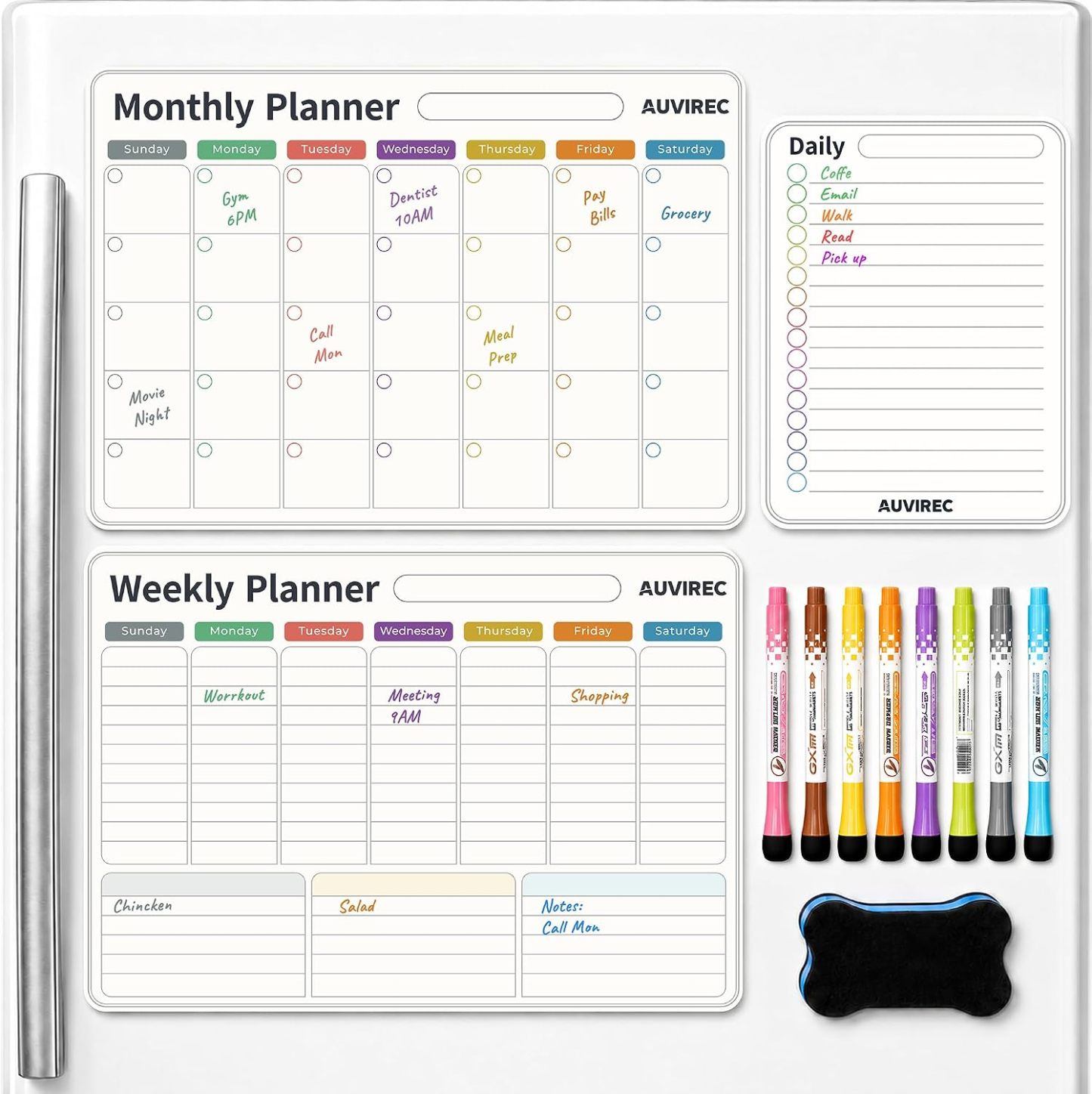 Magnetic Calendar for Refrigerator, Black Fridge Calendar 3-Pack | Dry Erase Calendar with Monthly Weekly Daily Planner, Nano-Tech Surface, 17"x12" Magnetic Board, 8 Neon Markers