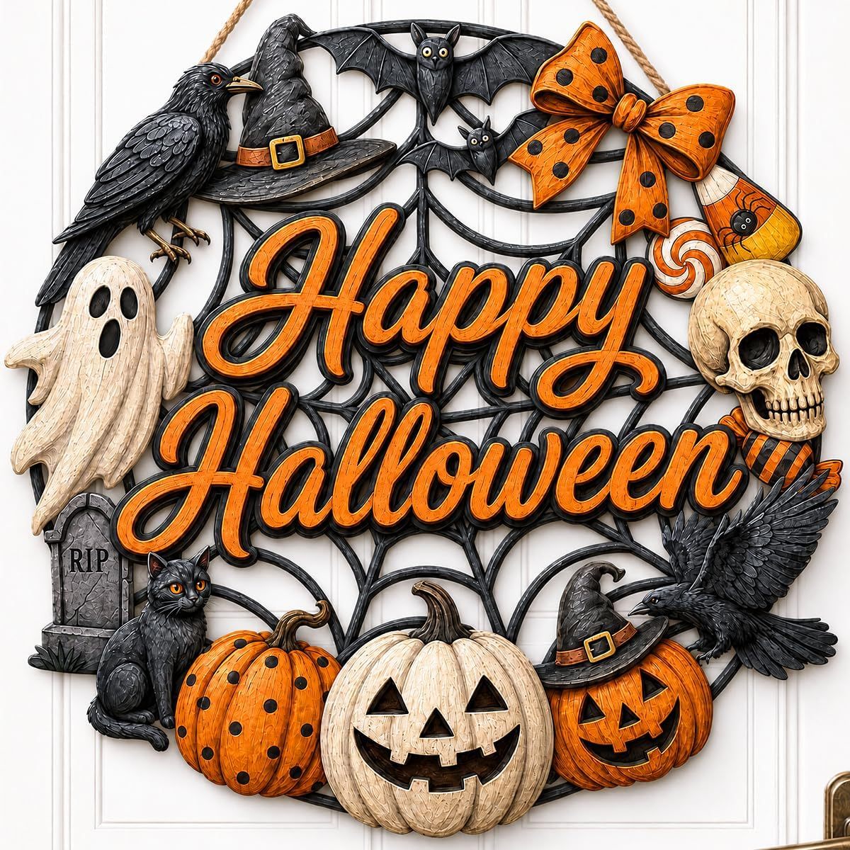 Halloween Wreath for Front Door Wooden Ghost Pumpkin Door Sign Wall Decor - MyJigsawPuzzleAu