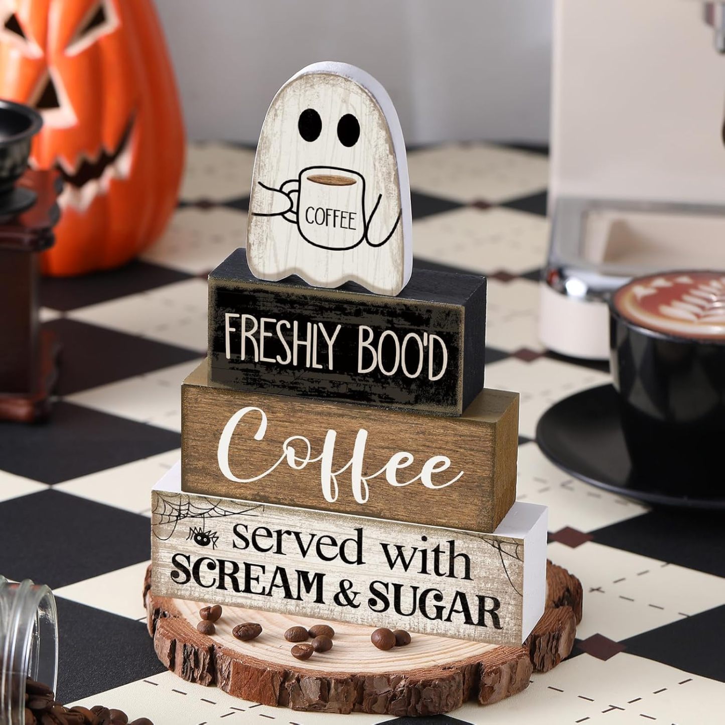 Lineshading 4 Pcs Halloween Coffee Table Decor Wooden Ghost Coffee Bar Sign - MyJigsawPuzzleAu