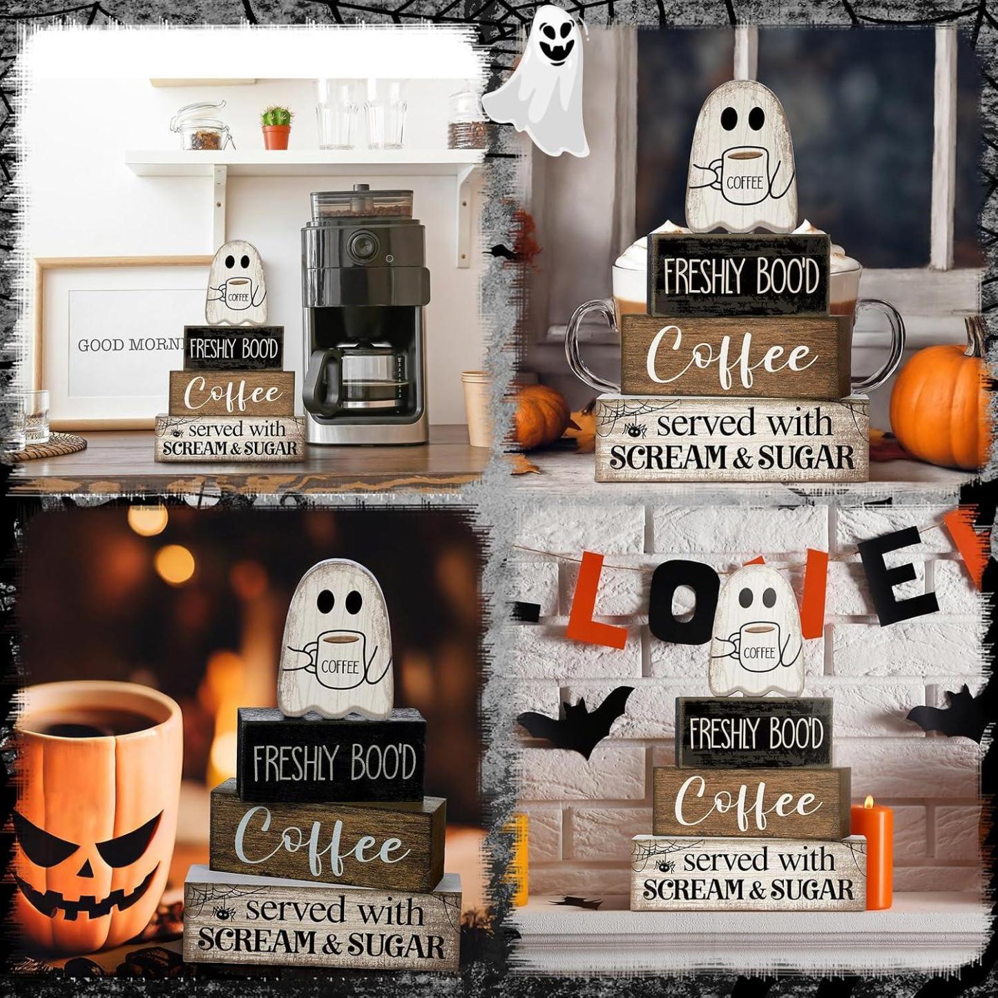 Lineshading 4 Pcs Halloween Coffee Table Decor Wooden Ghost Coffee Bar Sign - MyJigsawPuzzleAu
