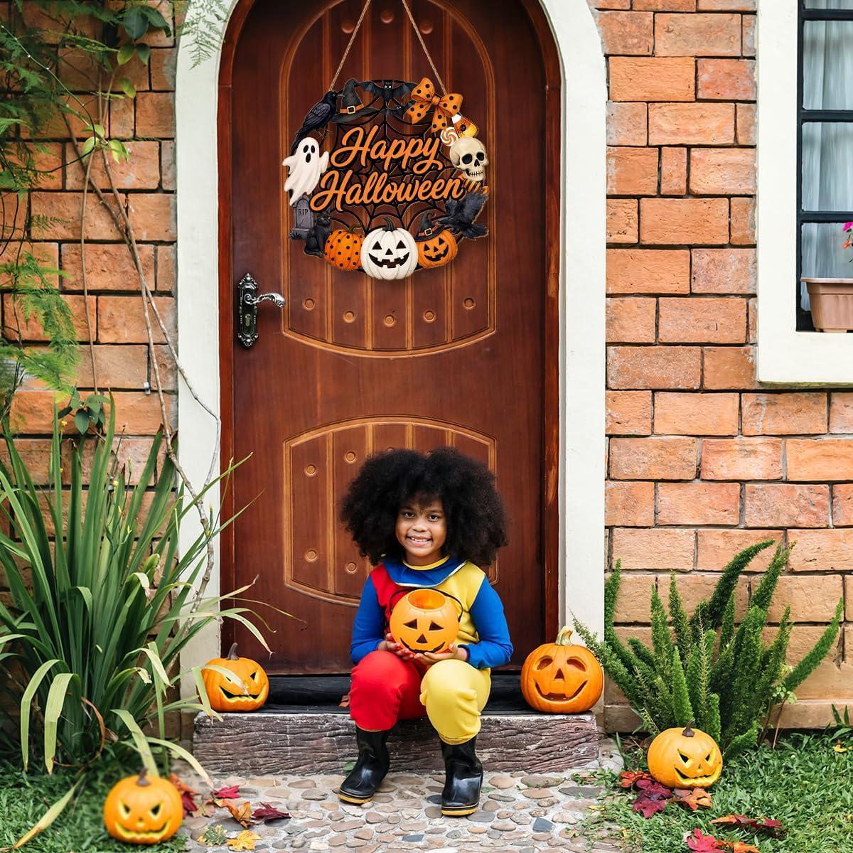 Halloween Wreath for Front Door Wooden Ghost Pumpkin Door Sign Wall Decor - MyJigsawPuzzleAu