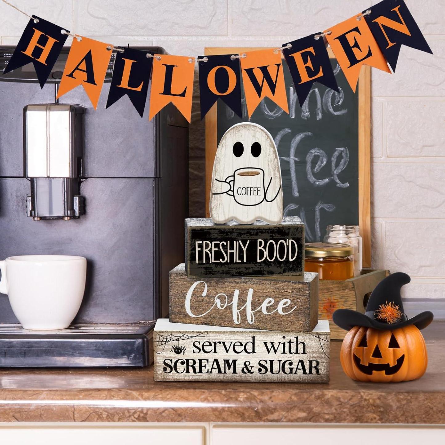 Lineshading 4 Pcs Halloween Coffee Table Decor Wooden Ghost Coffee Bar Sign - MyJigsawPuzzleAu