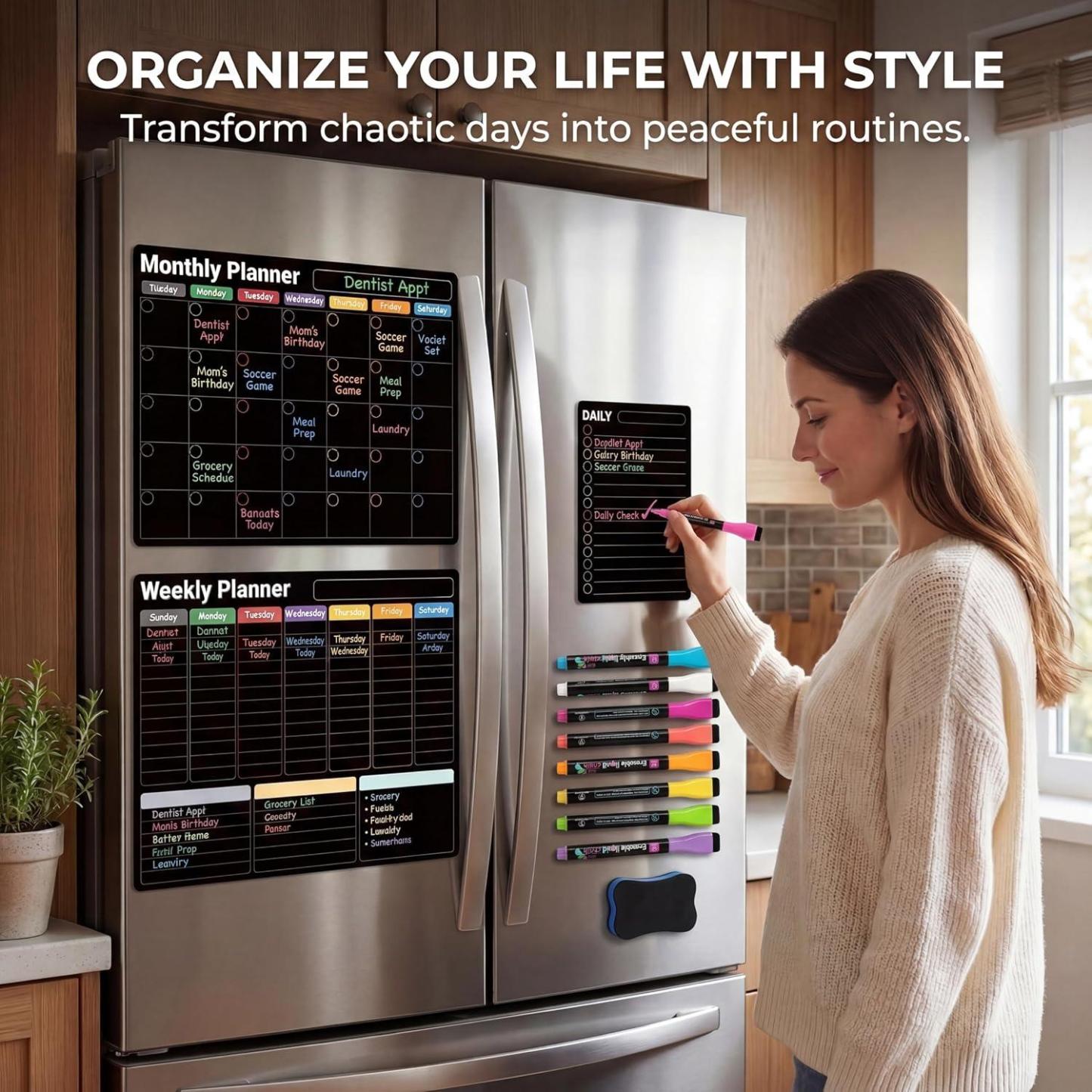Magnetic Calendar for Refrigerator, Black Fridge Calendar 3-Pack | Dry Erase Calendar with Monthly Weekly Daily Planner, Nano-Tech Surface, 17"x12" Magnetic Board, 8 Neon Markers