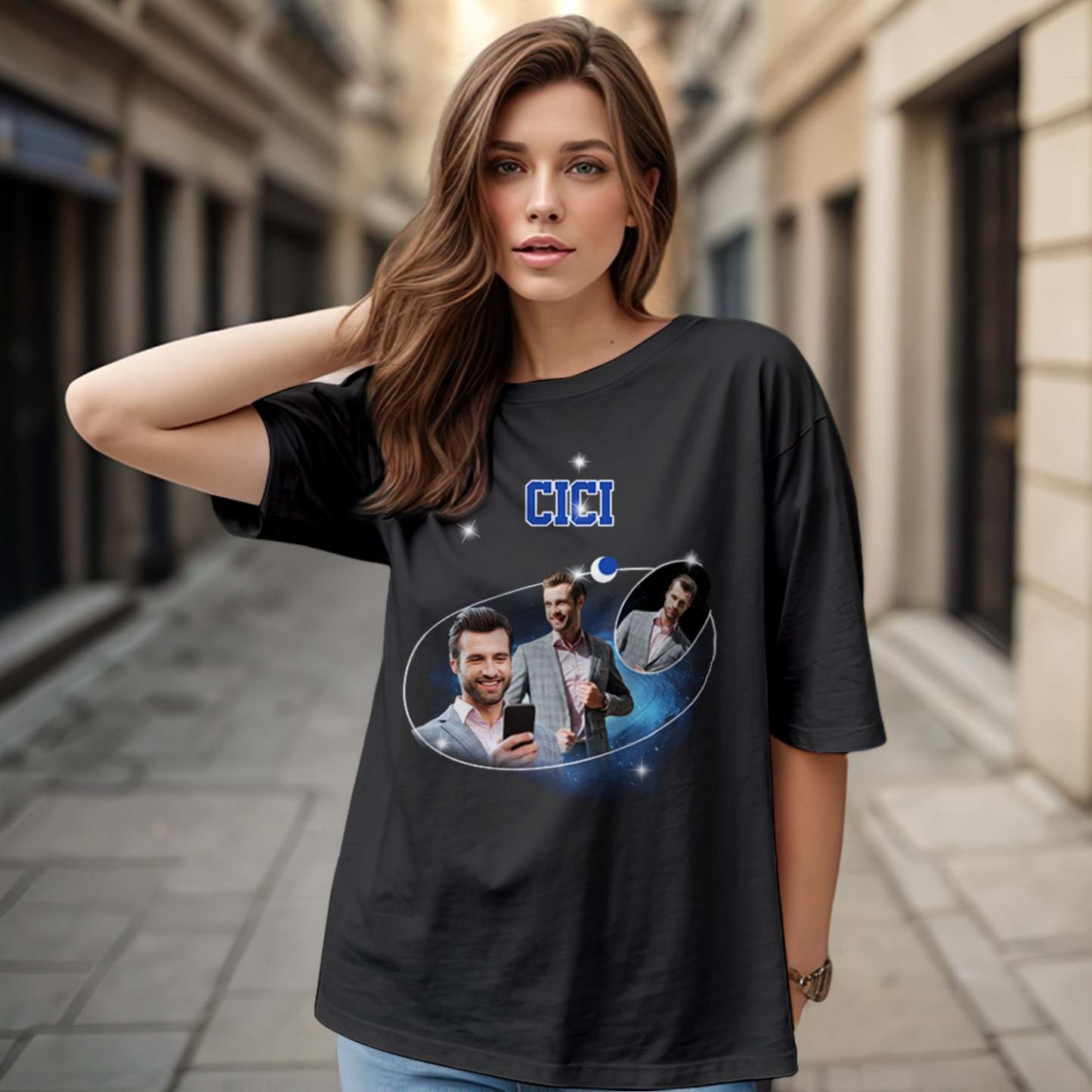 Custom Photo and Name Vintage T-Shirt Cosmic Galaxy and Crescent Moon Vintage T-Shirt Gift For Men - MyFacepajamasAU