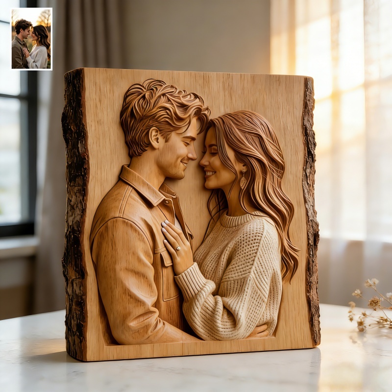 Personalized Couple Photo Wooden Plaque Custom Carved-Style Illustration on Natural Wood - MyJigsawPuzzleAu