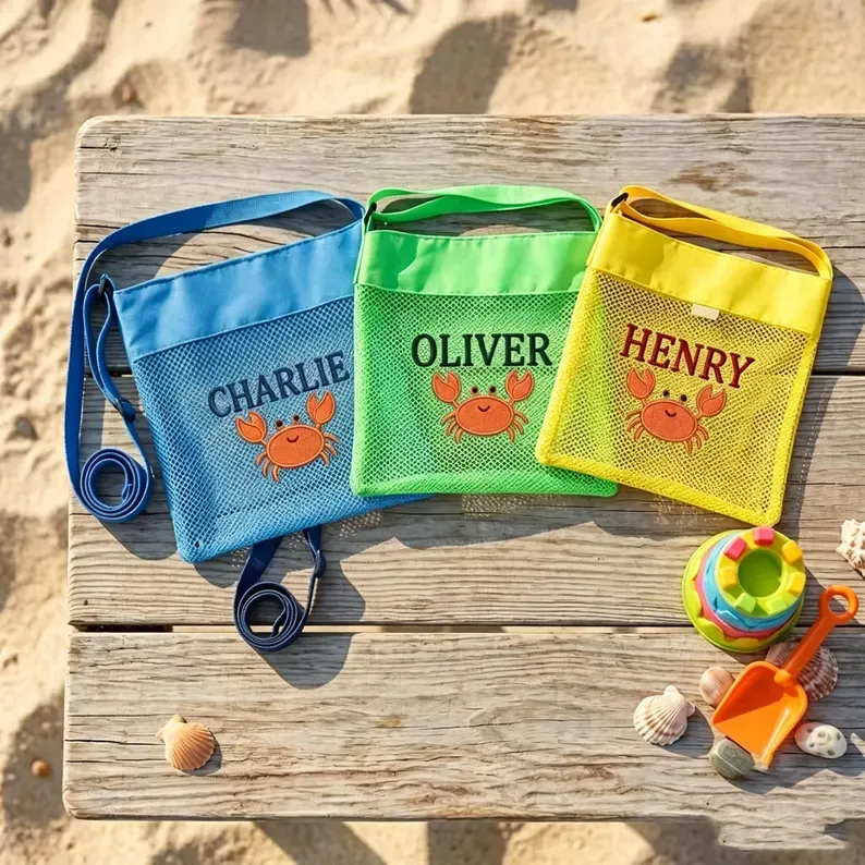 Personalized Embroidered Mesh Beach Bag, Custom Name Shell Collection Tote for Kids, Summer Vacation Birthday Gift,Pool Bag,gift for kid - MyJigsawPuzzleAu