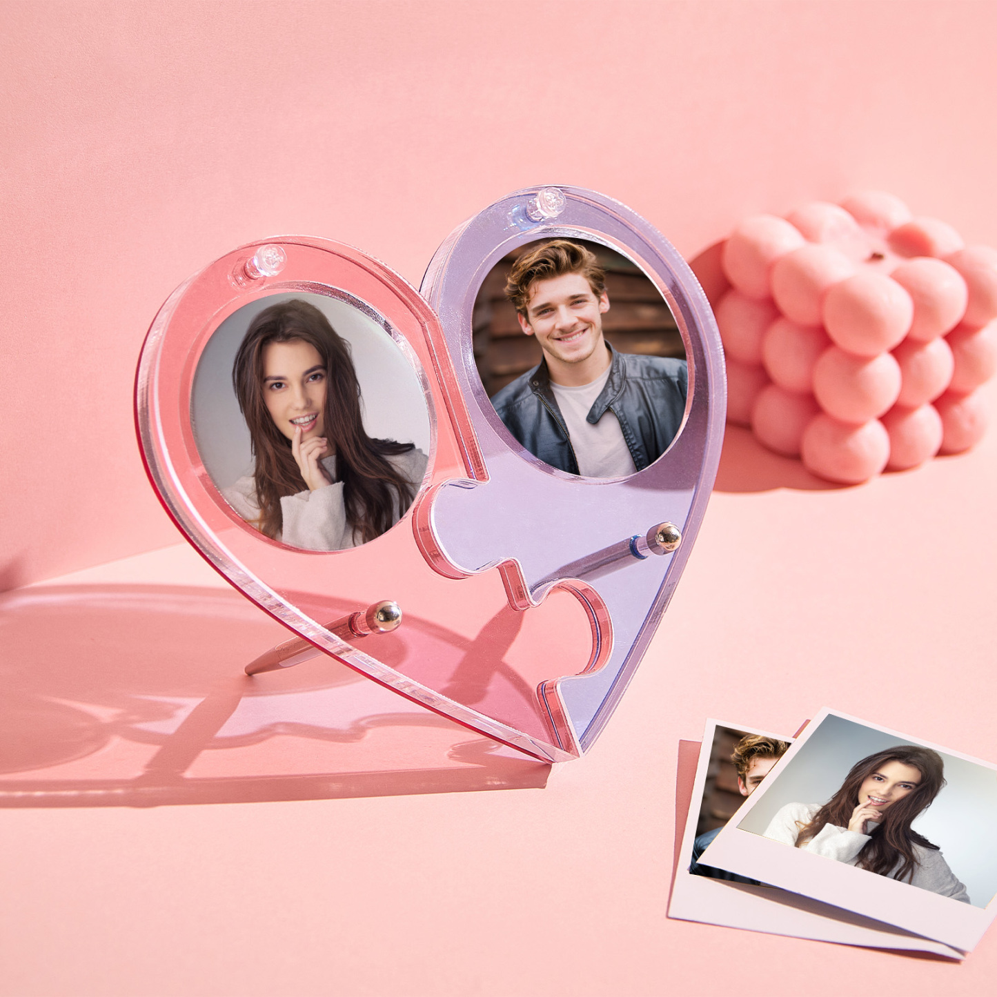 Custom Couple-Themed Photo Brooch & Red-Blue Split Heart Desktop Ornament Personalized Love Heart Display for Couples - MyJigsawPuzzleAu