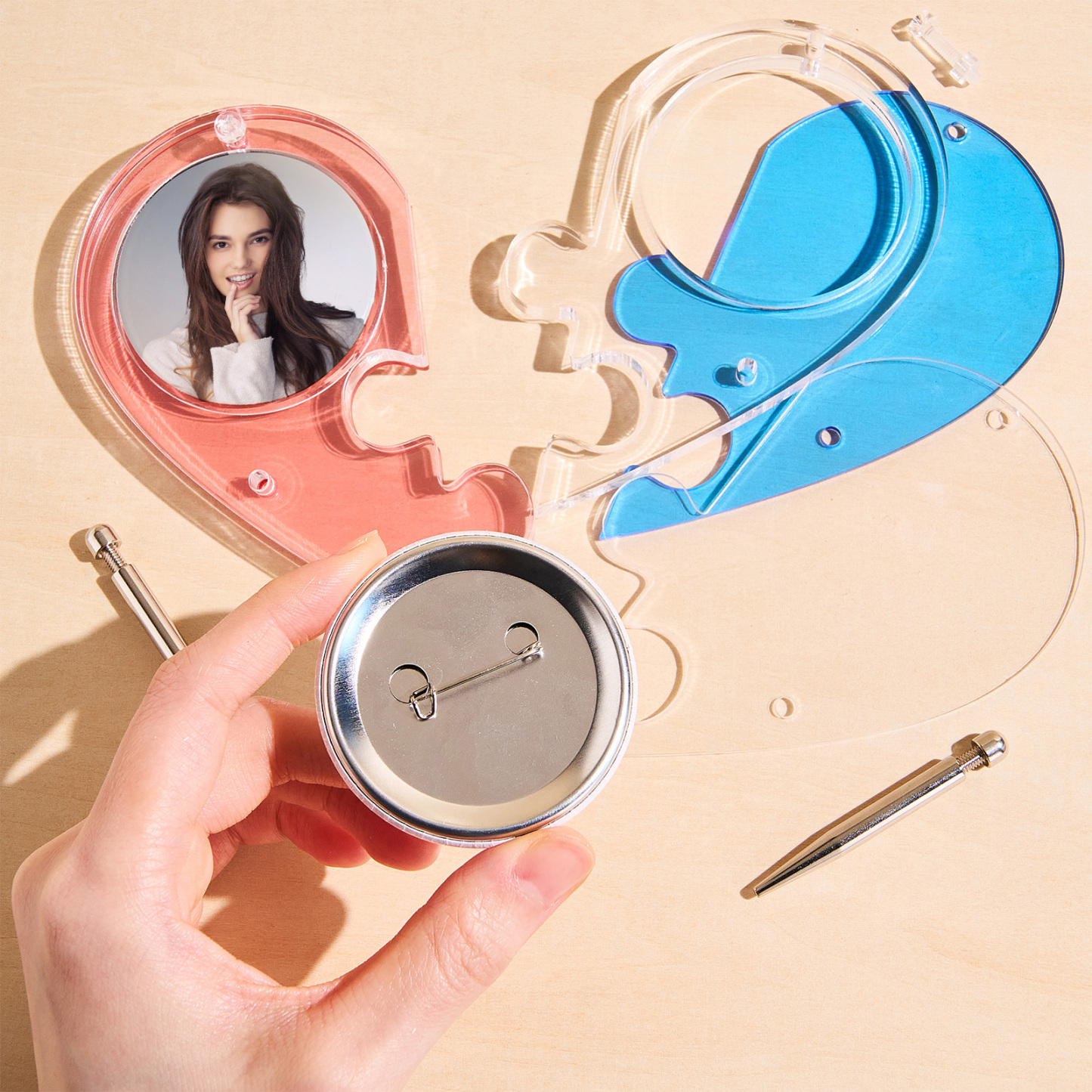 Custom Couple-Themed Photo Brooch & Red-Blue Split Heart Desktop Ornament Personalized Love Heart Display for Couples - MyJigsawPuzzleAu