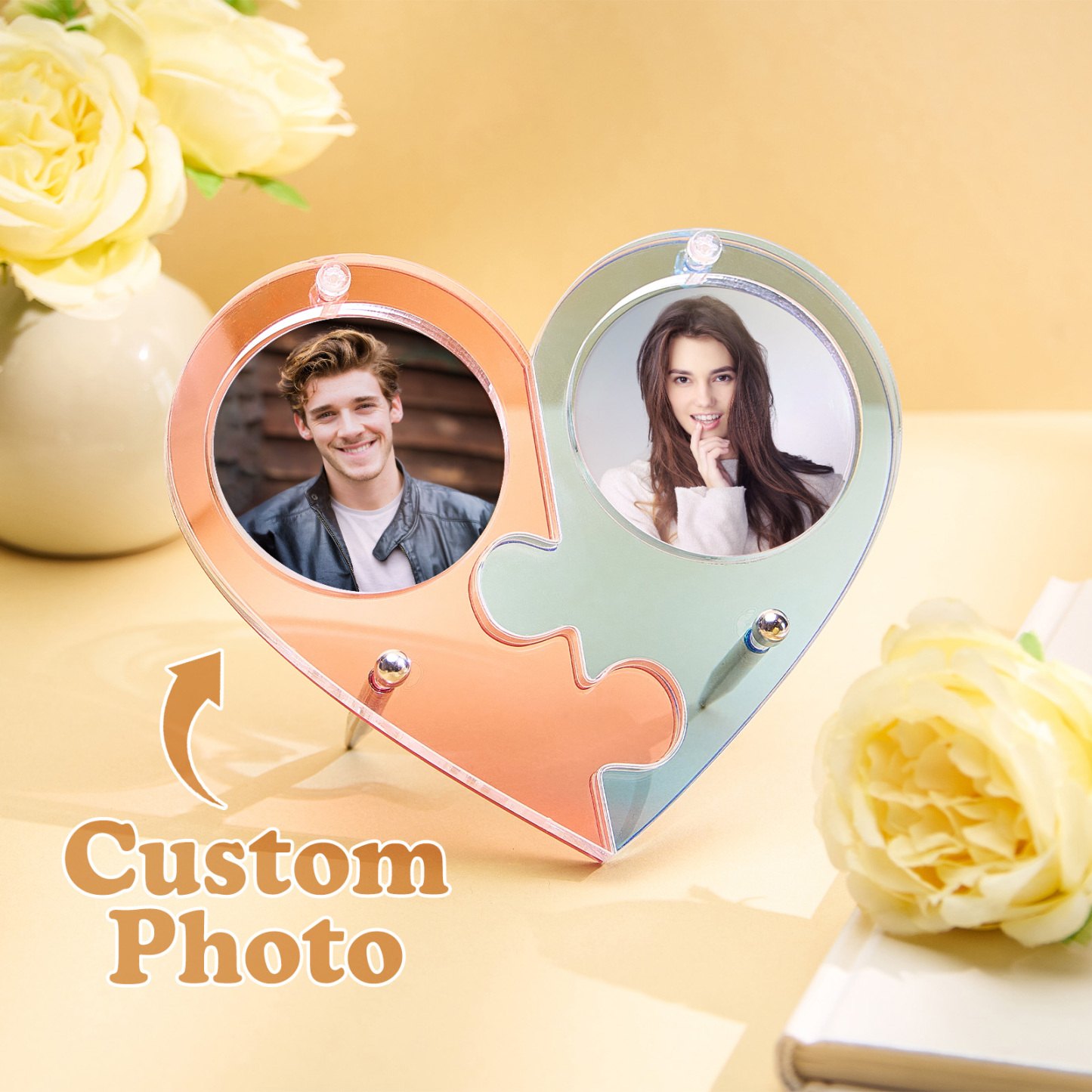 Custom Couple-Themed Photo Brooch & Red-Blue Split Heart Desktop Ornament Personalized Love Heart Display for Couples - MyJigsawPuzzleAu