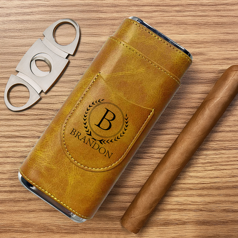 Personalized Cigar Case, Leather Cigar Holder with Cutter, Cigar Travel Case, Groomsmen Gifts, Gift for Dad Husband Gift for Him - MyJigsawPuzzleAu