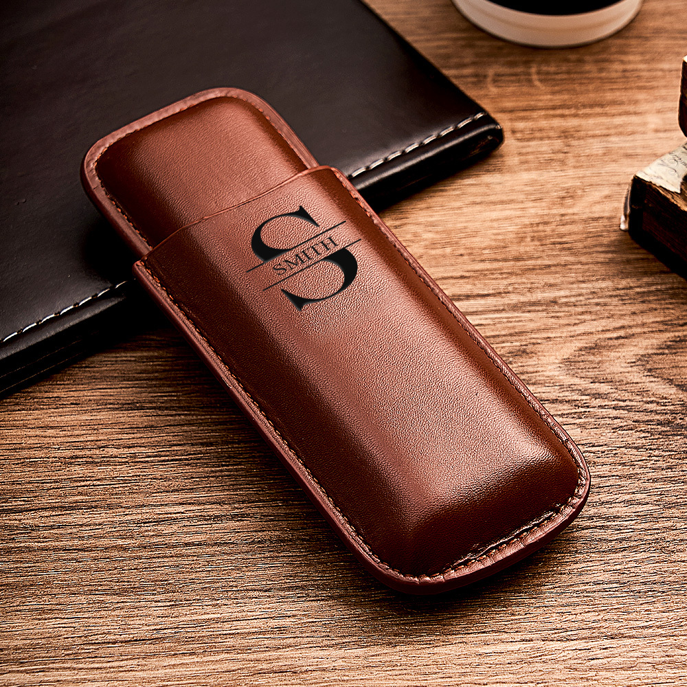Custom Name Leather Cigar Travel Case for 2 Cigars, Personalized Gift for Him or Dad - MyJigsawPuzzleAu