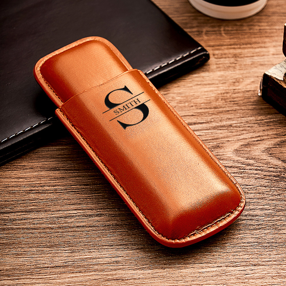 Custom Name Leather Cigar Travel Case for 2 Cigars, Personalized Gift for Him or Dad - MyJigsawPuzzleAu
