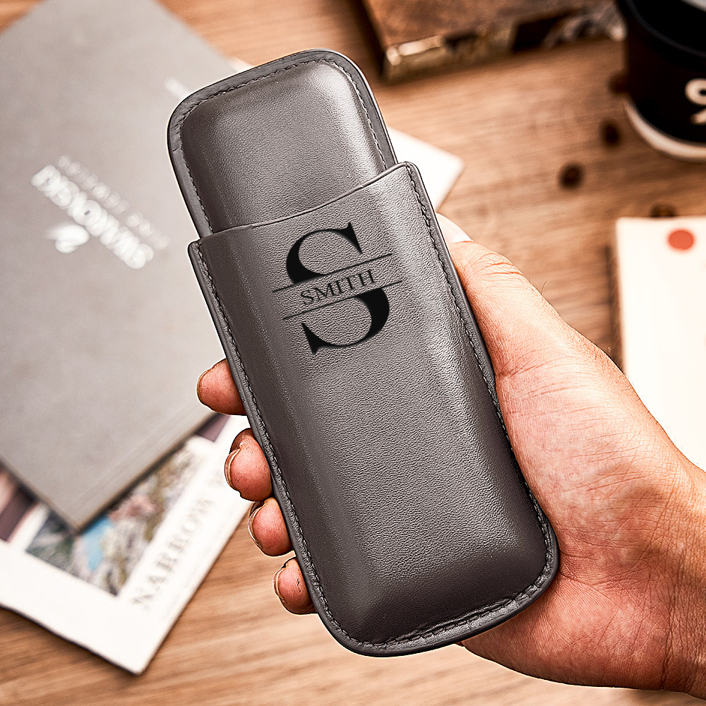 Custom Name Leather Cigar Travel Case for 2 Cigars, Personalized Gift for Him or Dad - MyJigsawPuzzleAu