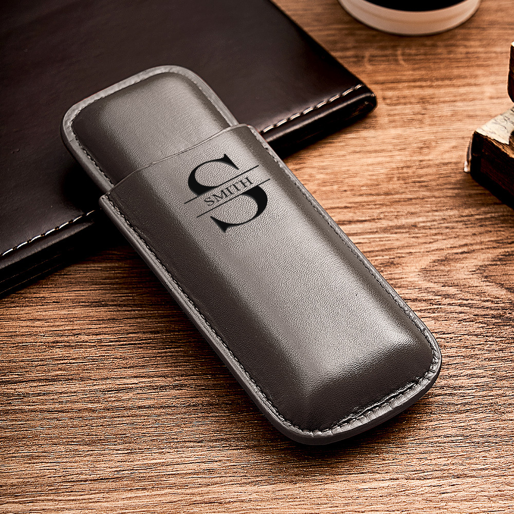 Custom Name Leather Cigar Travel Case for 2 Cigars, Personalized Gift for Him or Dad - MyJigsawPuzzleAu