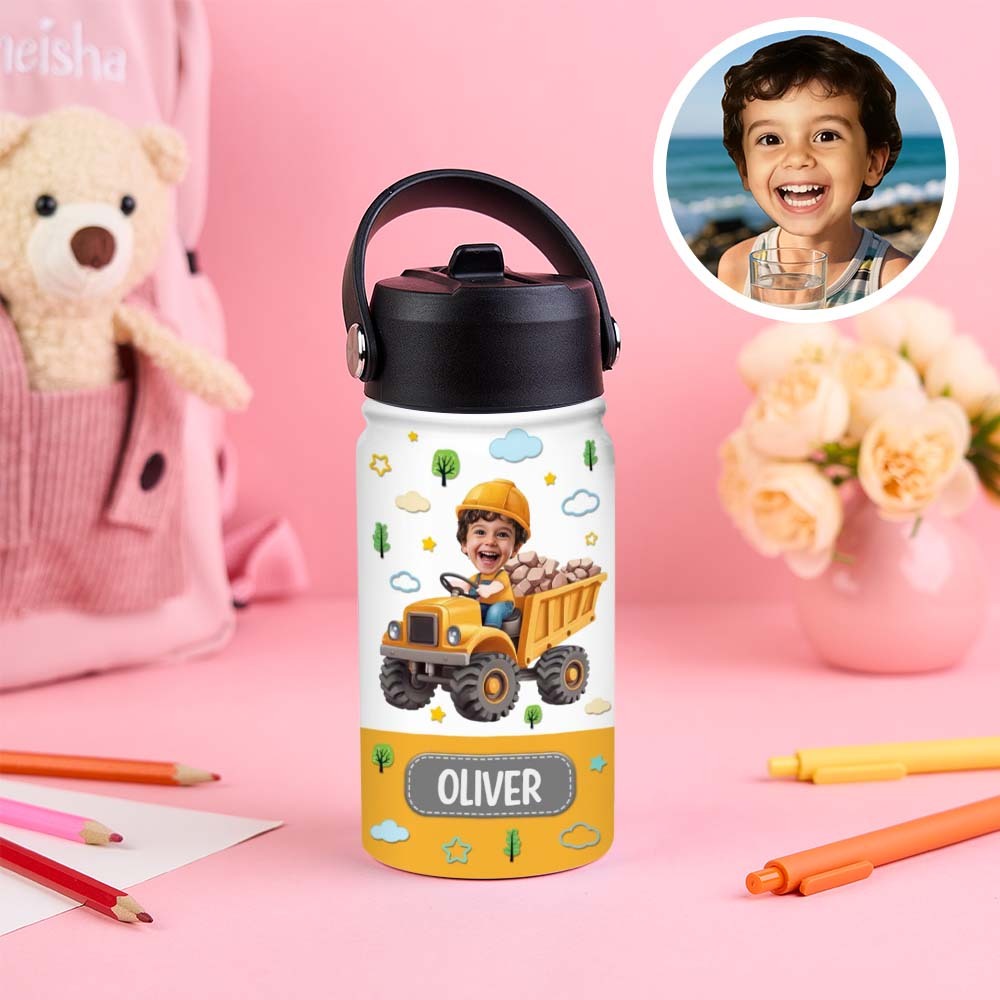 Custom Photo And Name Printed Kids Water Bottle Gift For Kids With Engineering Vehicles - MyJigsawPuzzleAu