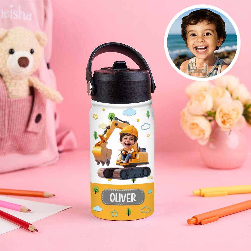 Custom Photo And Name Printed Kids Water Bottle Gift For Kids With Engineering Vehicles - MyJigsawPuzzleAu