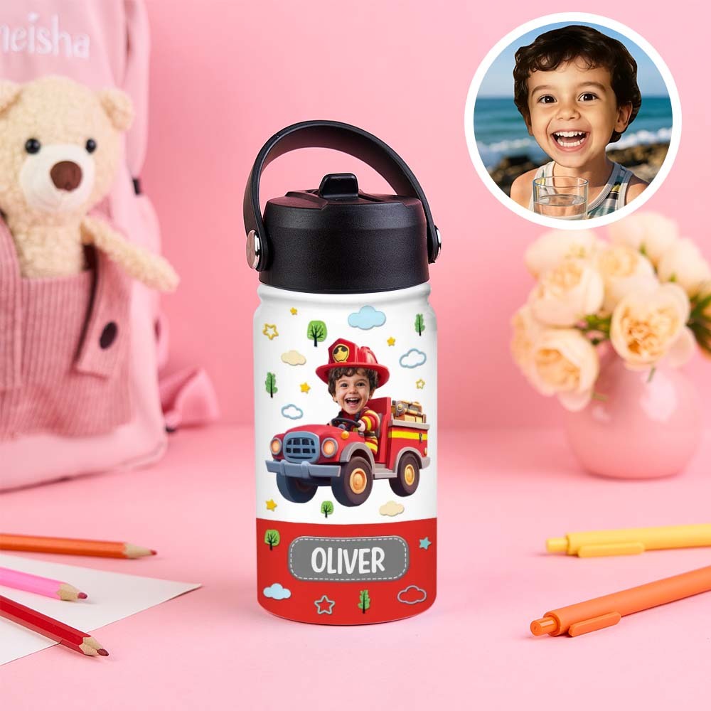 Custom Photo And Name Printed Kids Water Bottle Gift For Kids With Engineering Vehicles - MyJigsawPuzzleAu