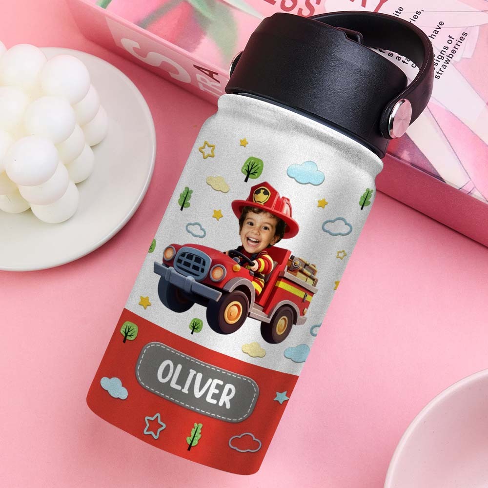 Custom Photo And Name Printed Kids Water Bottle Gift For Kids With Engineering Vehicles - MyJigsawPuzzleAu