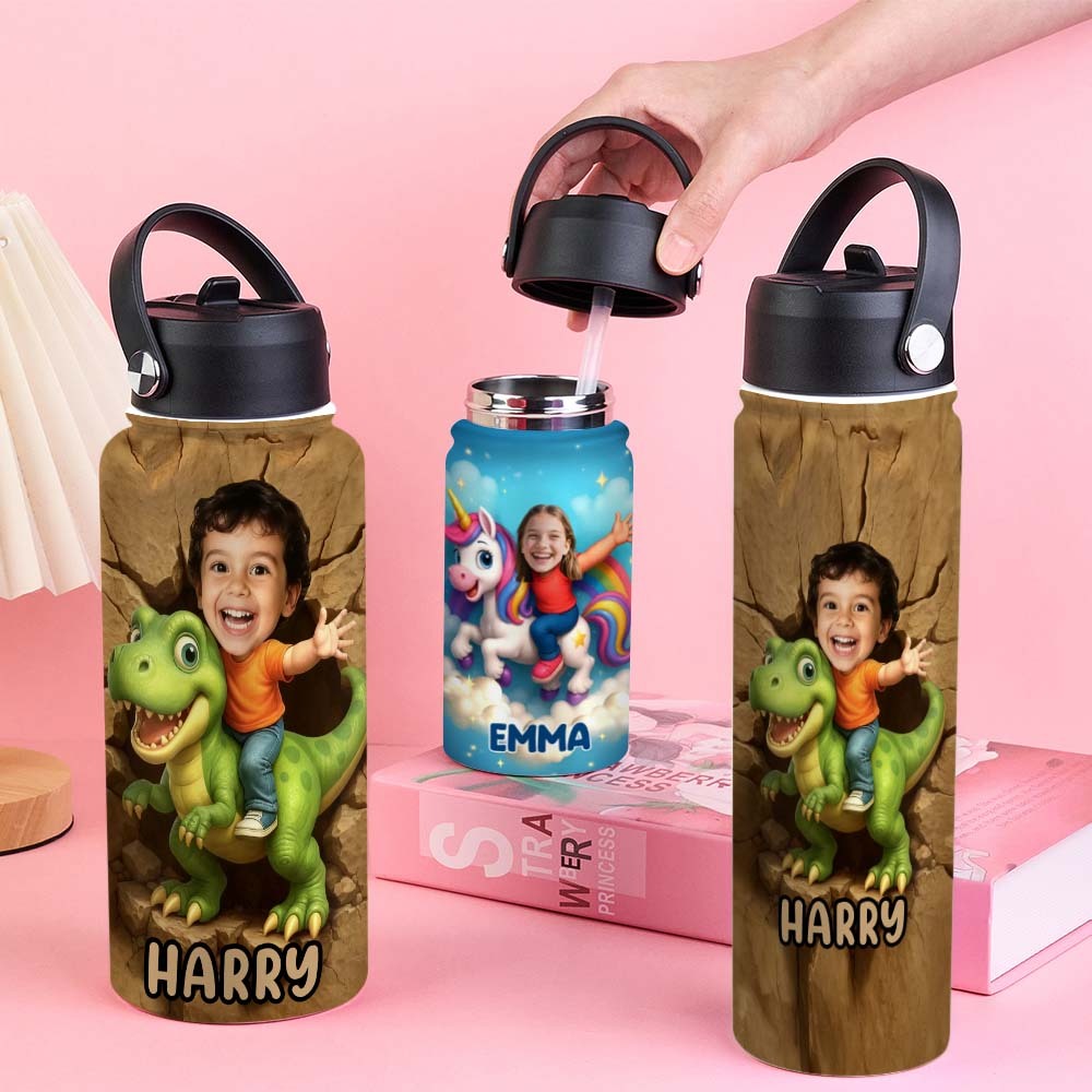 Custom Photo 3D Inflated Effect Printed Kids Water Bottle - Personalized Back To School Gifts For Kids - Roar Into Every Adventure - MyJigsawPuzzleAu