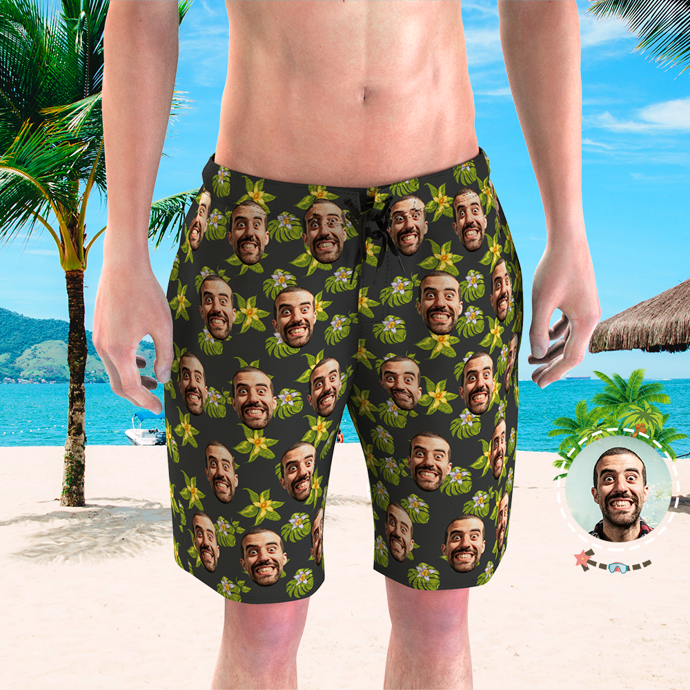 Personalised Swimming Shorts Photo on Swim Trunks Gifts - Green And White Flower