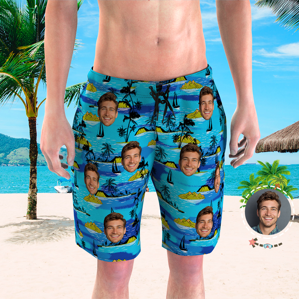 Custom Face Beach Shorts Men's Photo Swim Trunks Gifts for Him - Tropical Island