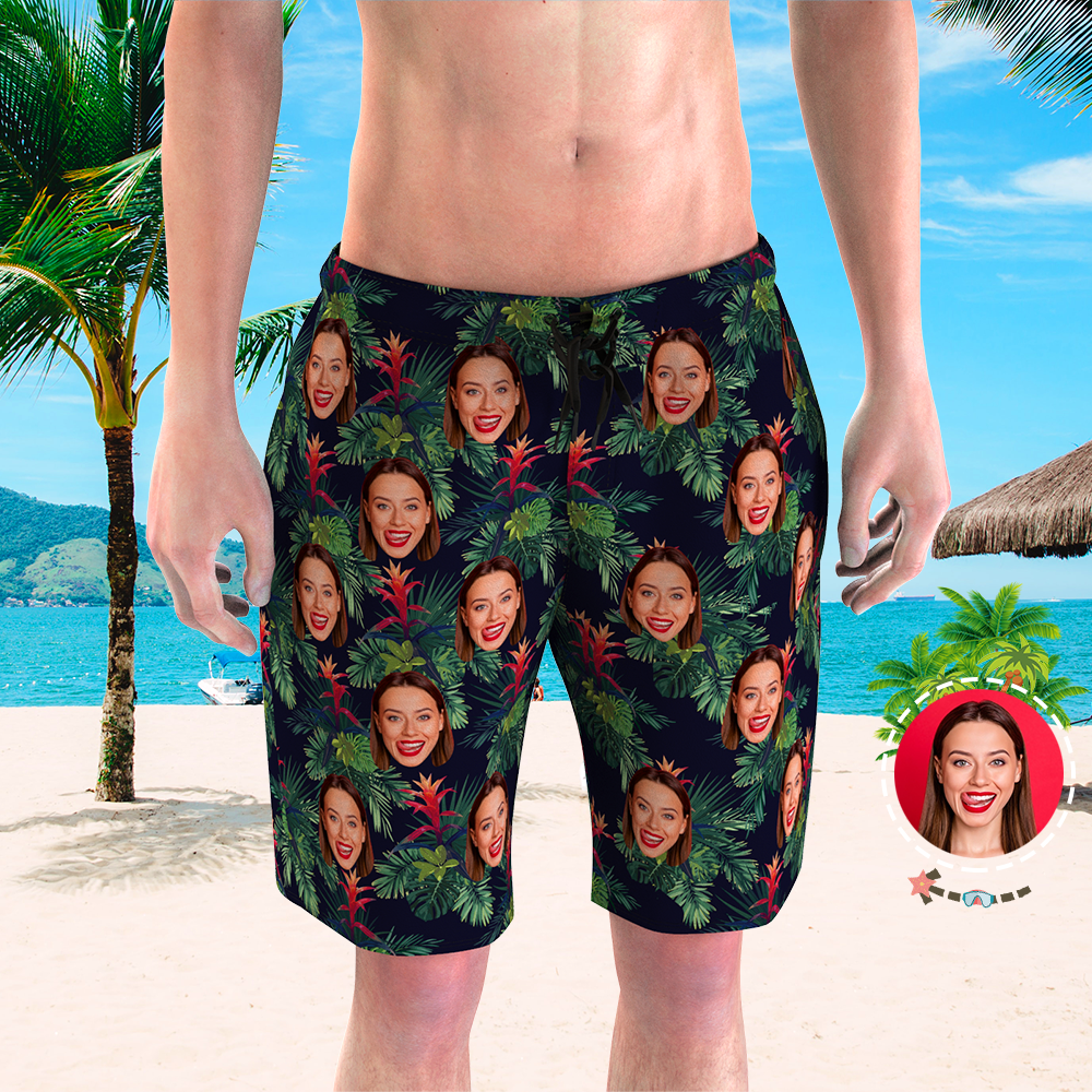 Custom Face Board Shorts for Men Gifts - Tropical Leaves