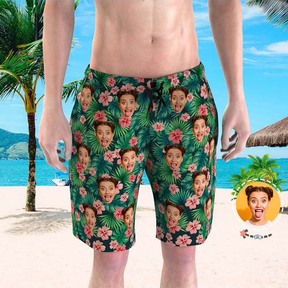 Personalised Swimming Trunks Face on Swim Trunks Gifts for Him - Green Leaves And Flowers
