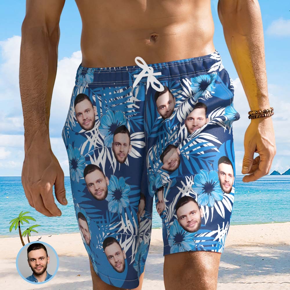 Custom Face Photo Men's Trunk Men’s Blue Tropical Leaf & Flower Beach Shorts - MyJigsawPuzzleAu