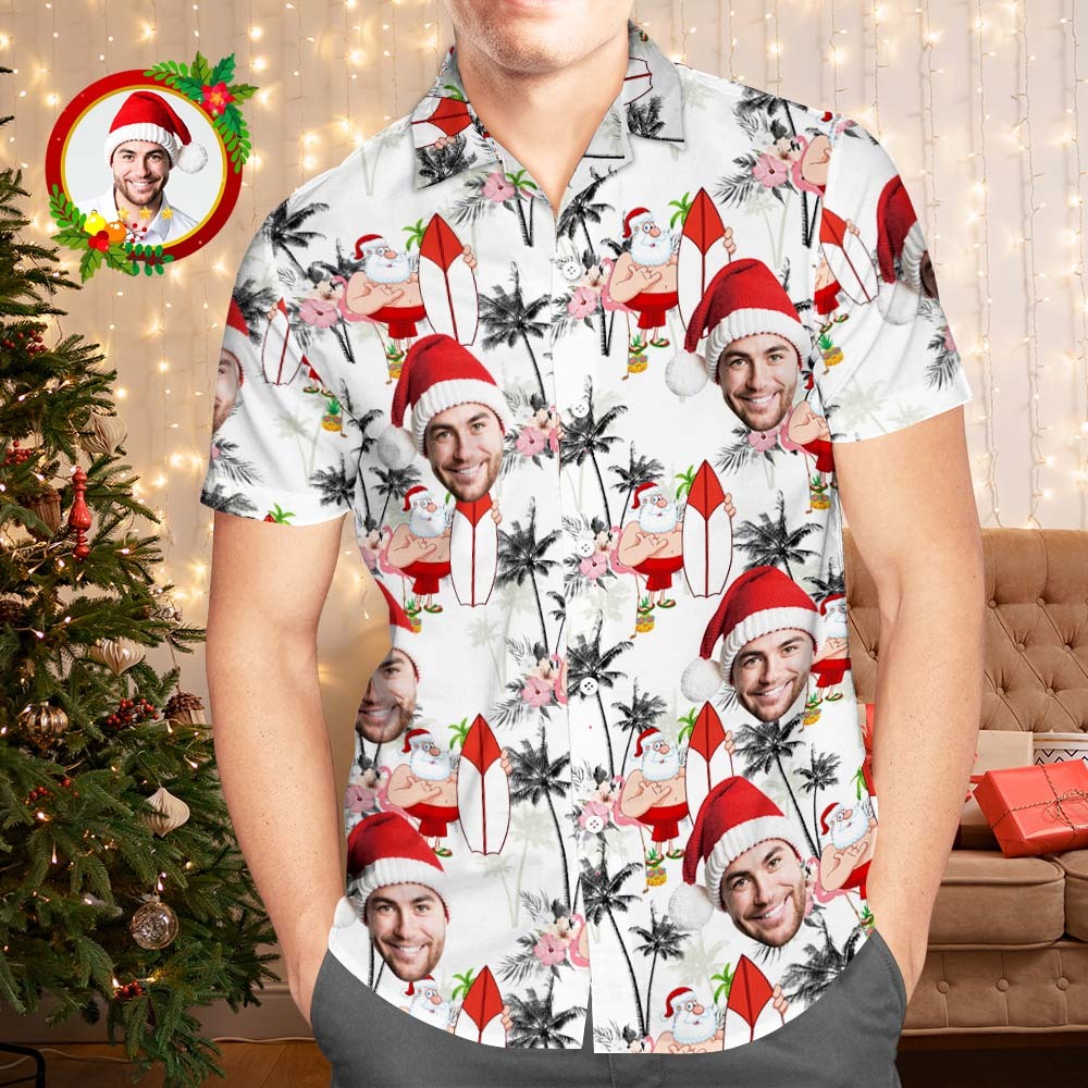 Custom Face Hawaiian Shirts Personalized Photo Gift Men's Christmas Shirts Vacation Santa and Flamingos