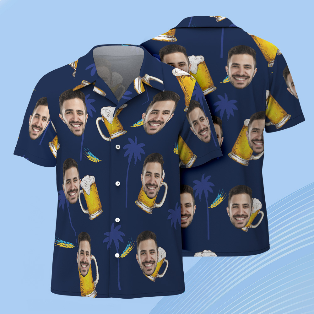 Custom Face Hawaiian Shirt Navy Blue with Beer Design Funny Vacation Style Men Shirt - MyJigsawPuzzleAu