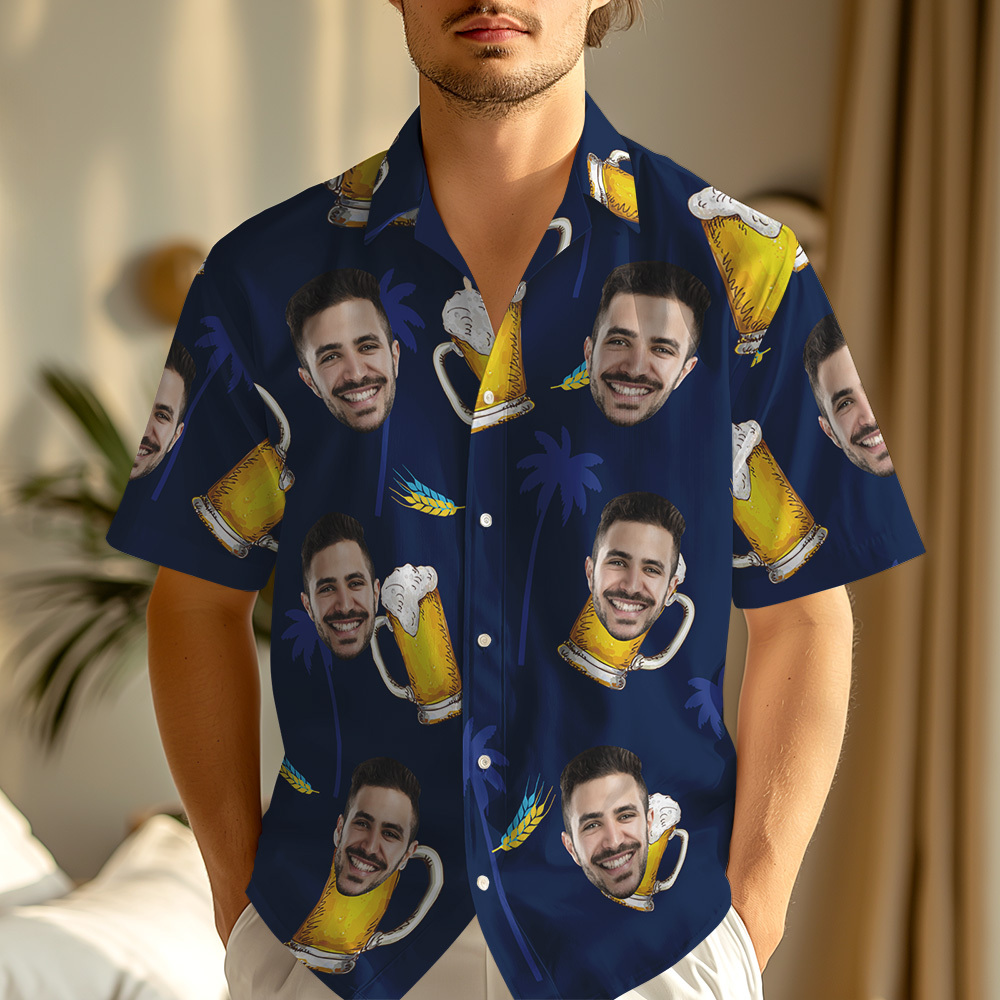 Custom Face Hawaiian Shirt Navy Blue with Beer Design Funny Vacation Style Men Shirt - MyJigsawPuzzleAu
