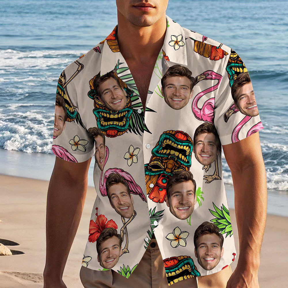 Custom Face Hawaiian Shirt White with Tropical Icons Tiki & Flamingo Fun Personalized Beach Look - MyJigsawPuzzleAu