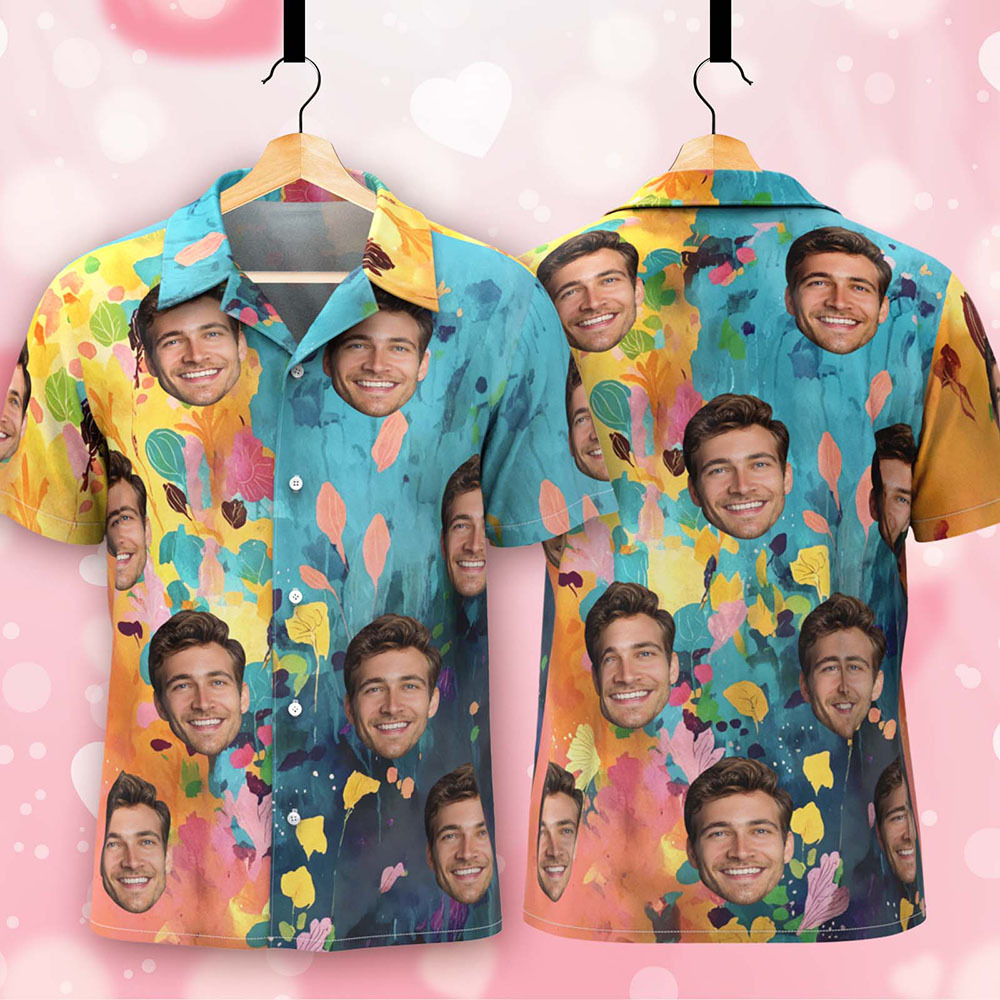 Custom Hawaiian Shirt with Blue Yellow Leaves Oil Painting-style Personalized Gift for Men - MyJigsawPuzzleAu