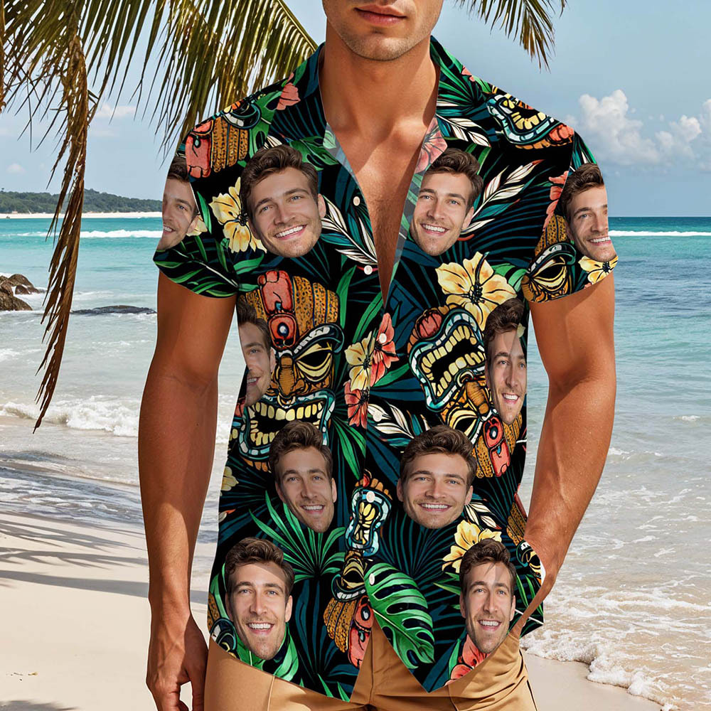 Custom Face Shirt Tiki Tropical Palm Personalized Hawaiian Aloha Shirt Vacation Party Outfit for Men - MyJigsawPuzzleAu