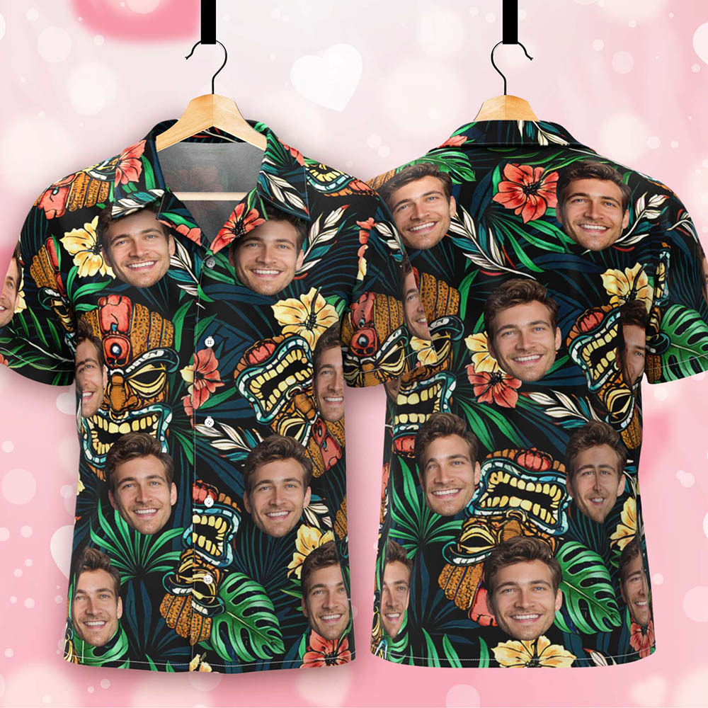 Custom Face Shirt Tiki Tropical Palm Personalized Hawaiian Aloha Shirt Vacation Party Outfit for Men - MyJigsawPuzzleAu