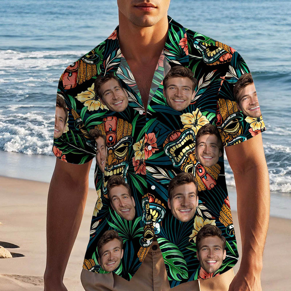 Custom Face Shirt Tiki Tropical Palm Personalized Hawaiian Aloha Shirt Vacation Party Outfit for Men - MyJigsawPuzzleAu