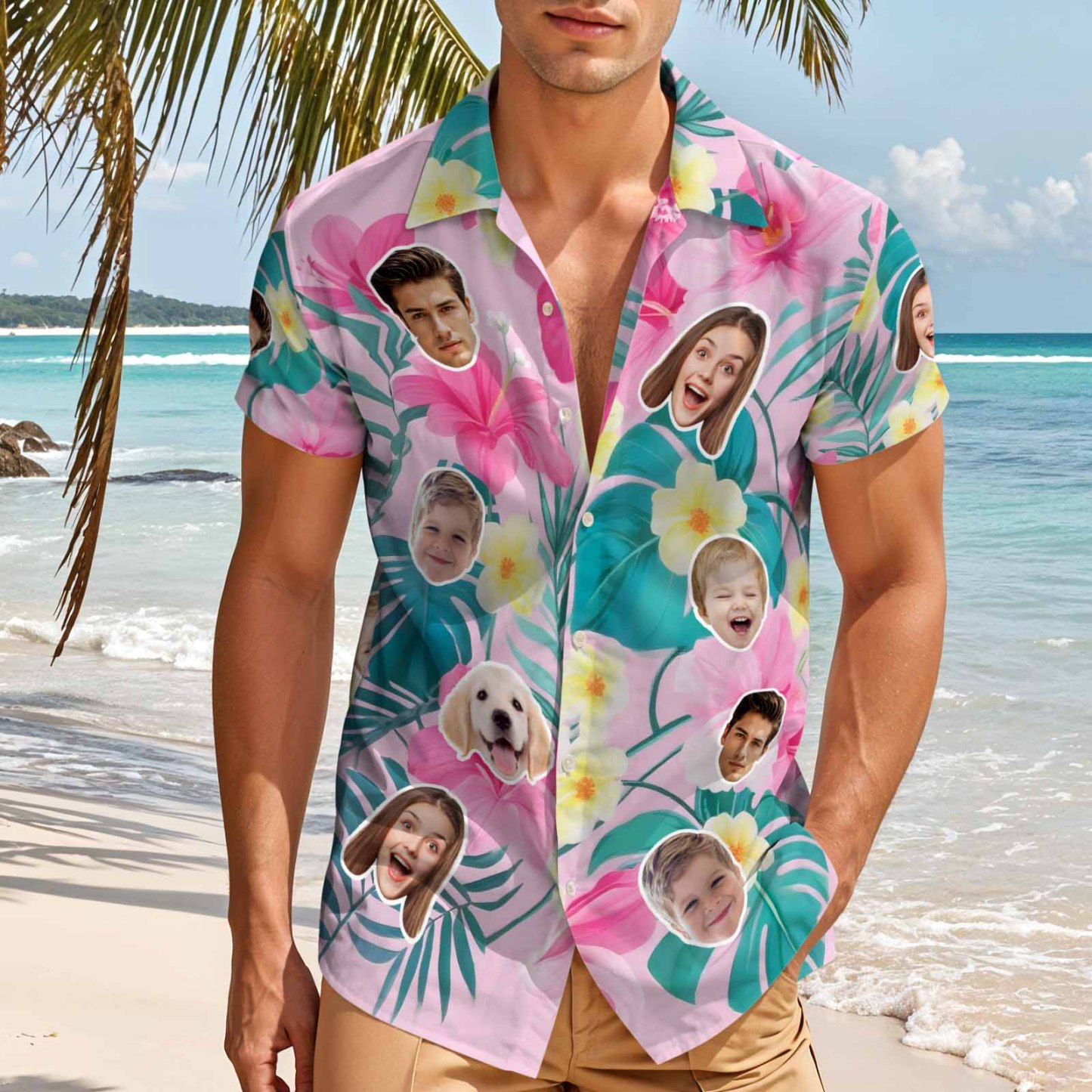 Custom Face Hawaiian Shirt Personalized Pink Flowers Aloha Shirt Custom Beach Outfit For Him - MyJigsawPuzzleAu
