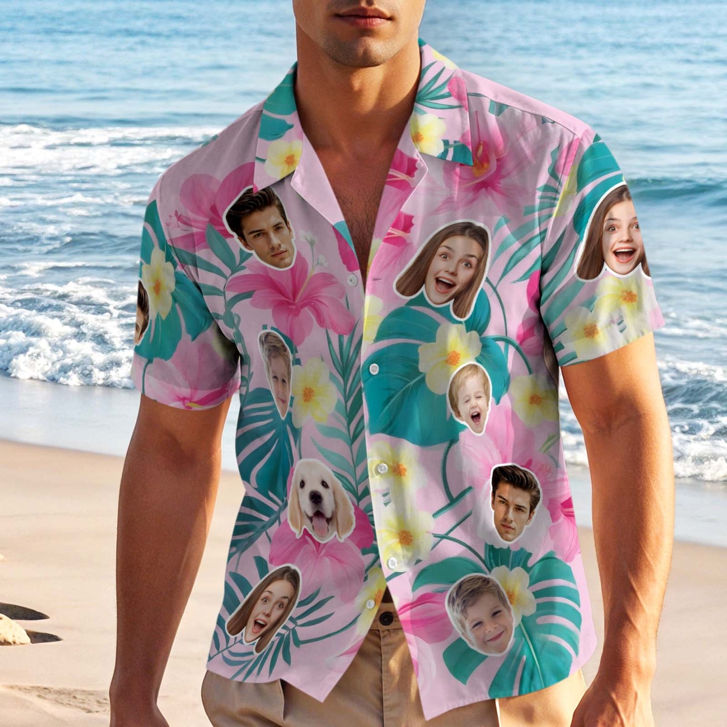 Custom Face Hawaiian Shirt Personalized Pink Flowers Aloha Shirt Custom Beach Outfit For Him - MyJigsawPuzzleAu