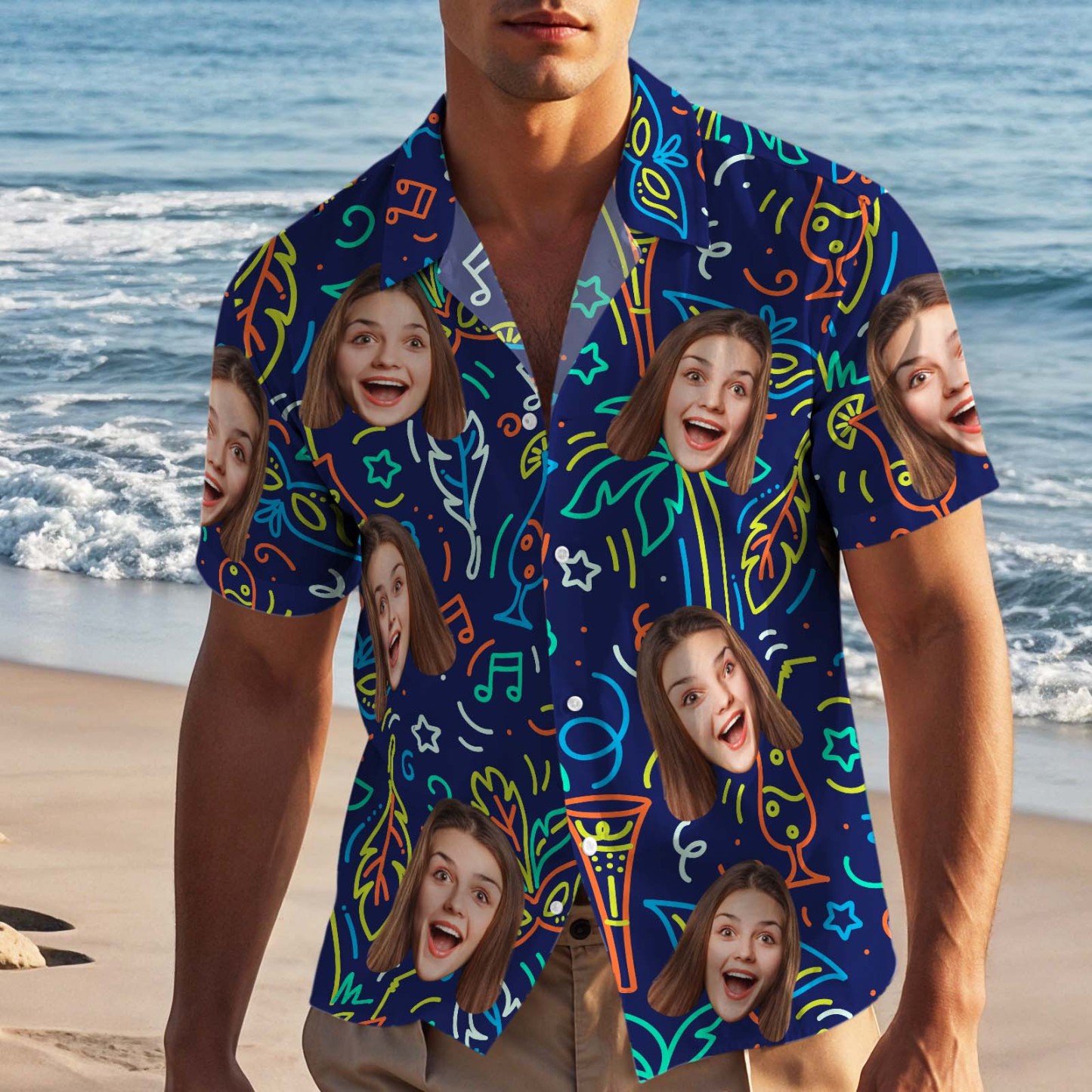 Custom Face Hawaiian Shirt Personalized Navy Blue Photo Party Beach Shirt - MyJigsawPuzzleAu