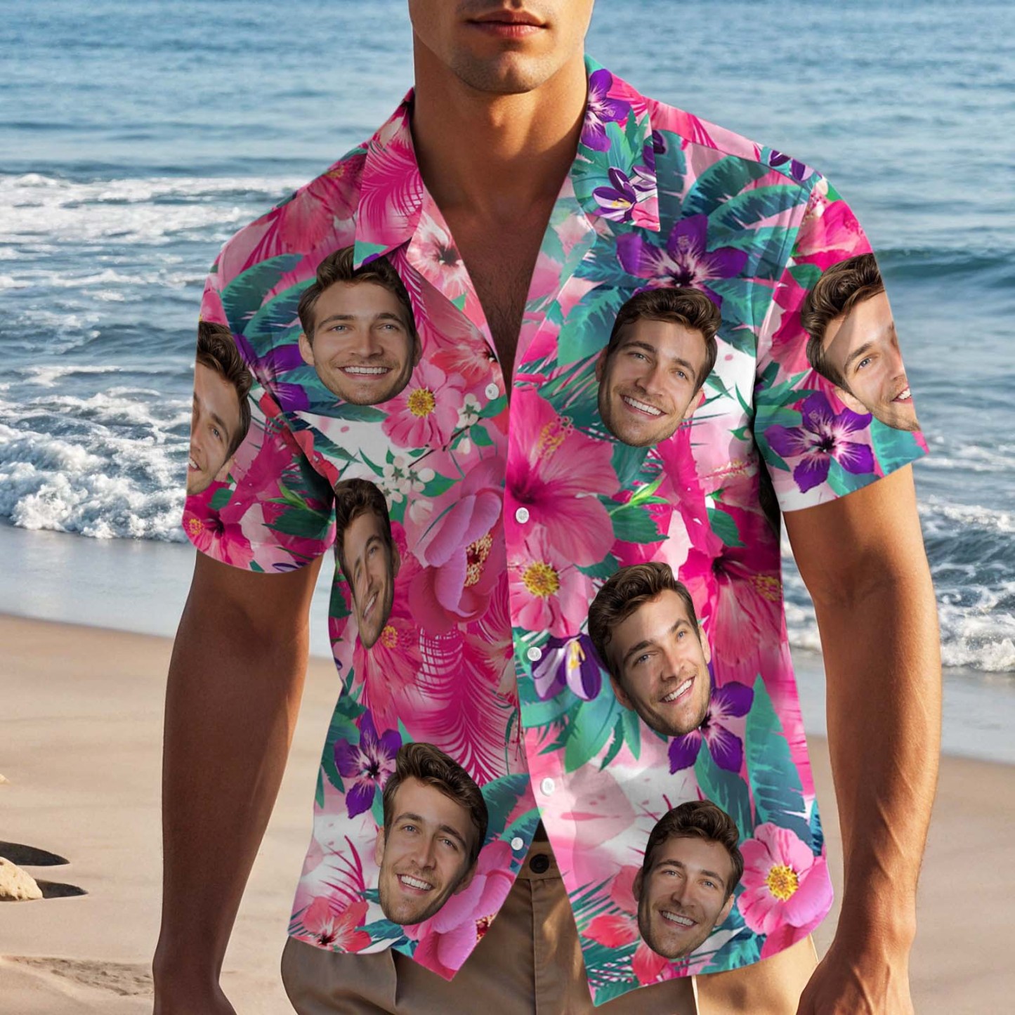 Custom Hawaiian Face Shirt Personalized Vibrant Tropical Floral Photo Beach Shirt - MyJigsawPuzzleAu