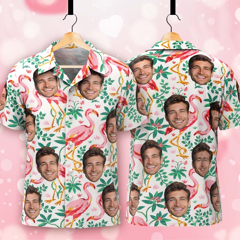 Personalized Face Hawaiian Shirt Funny Flamingo Print Tropical Button Up for Men - MyJigsawPuzzleAu