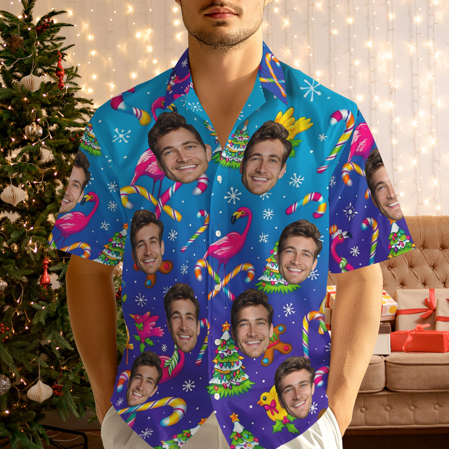 Personalized Christmas Flamingo Hawaiian Shirt Custom Face Tropical Holiday Party Shirt - MyJigsawPuzzleAu