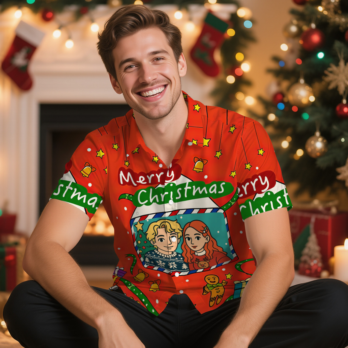 Personalized Cartoon Christmas Button-Up Shirt Custom Photo Holiday Couple Shirt - MyJigsawPuzzleAu