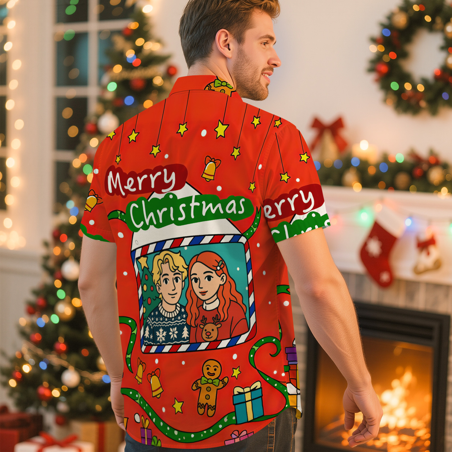 Personalized Cartoon Christmas Button-Up Shirt Custom Photo Holiday Couple Shirt - MyJigsawPuzzleAu