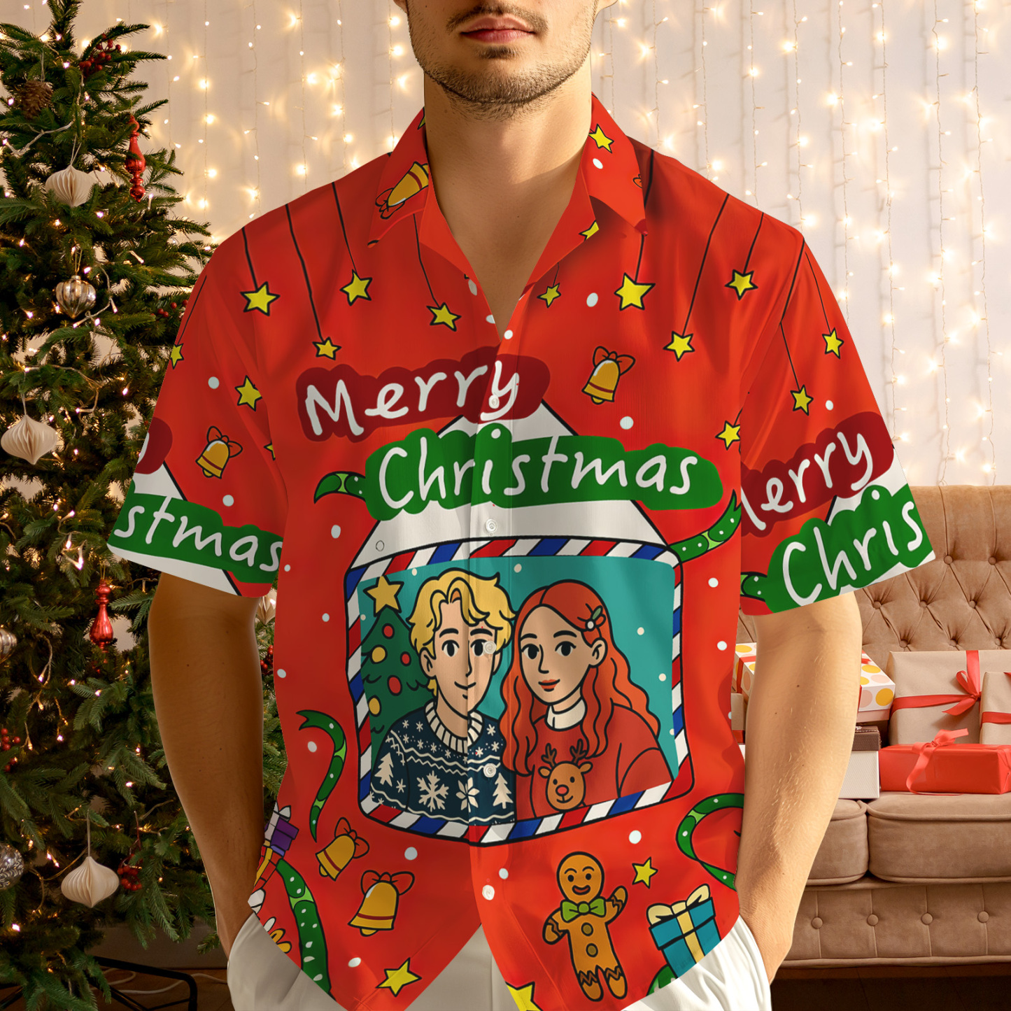 Personalized Cartoon Christmas Button-Up Shirt Custom Photo Holiday Couple Shirt - MyJigsawPuzzleAu