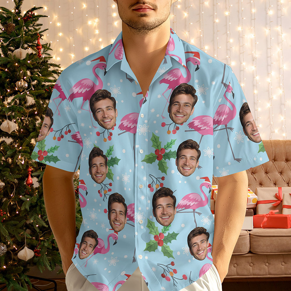 Custom Christmas Flamingo Face Shirt Personalized Holiday Photo Hawaiian Shirt - MyJigsawPuzzleAu