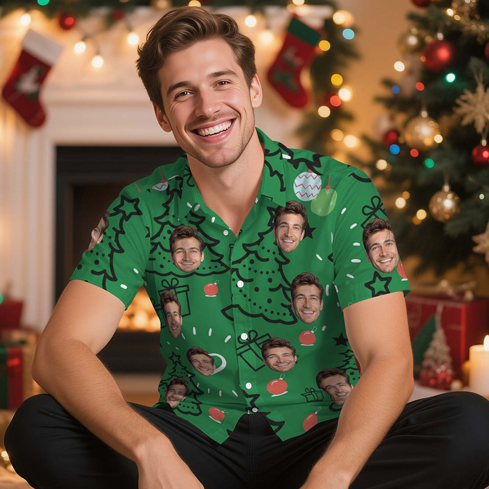 Custom Christmas Tree & Gift Face Shirt Personalized Holiday Photo Hawaiian Top - MyJigsawPuzzleAu