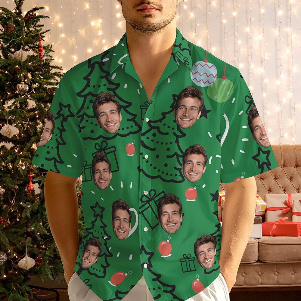 Custom Christmas Tree & Gift Face Shirt Personalized Holiday Photo Hawaiian Top - MyJigsawPuzzleAu
