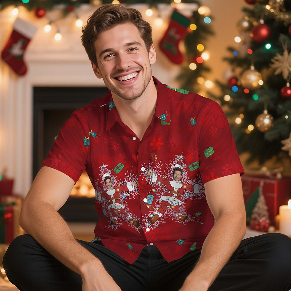 Personalized Red Christmas Snowflake Photo Shirt Custom Holiday Face Print Button-Up - MyJigsawPuzzleAu