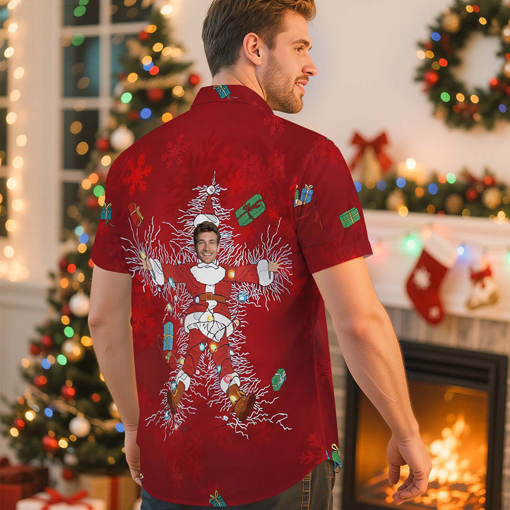 Personalized Red Christmas Snowflake Photo Shirt Custom Holiday Face Print Button-Up - MyJigsawPuzzleAu